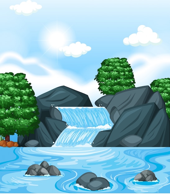 Scène de fond avec cascade et arbres
