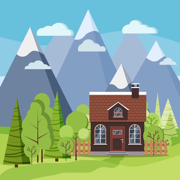 Scène de fond de paysage de montagne de printemps ou d'été avec maison de ferme