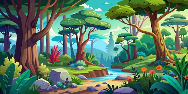 Scène forestière avec diverses illustrations vectorielles d'arbres forestiers