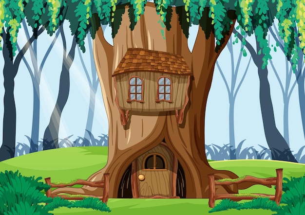 Vecteur scène de forêt avec cabane dans les arbres à l'intérieur du tronc d'arbre
