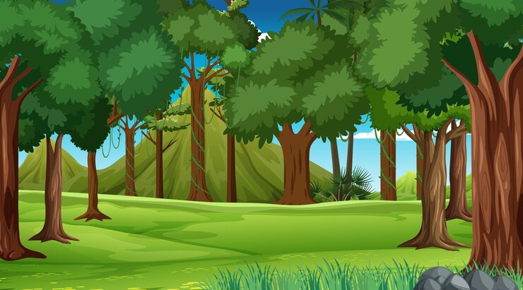 Vecteur scène de forêt avec divers arbres forestiers et montagne