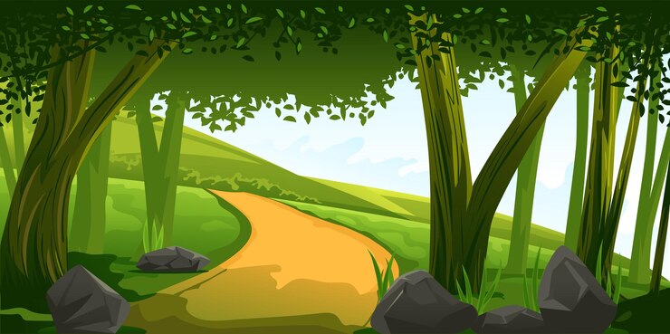 Vecteur scène de forêt avec sentier et collines