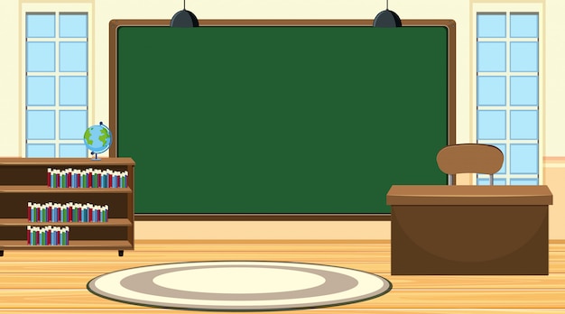 Scène avec grand tableau et bureau du professeur