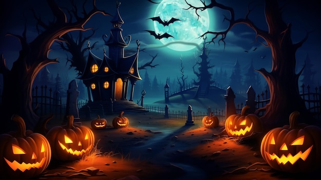 Vecteur une scène d'halloween avec des citrouilles et une pleine lune en arrière-plan