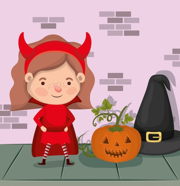 Scène D'halloween Avec Le Diable En Costume Fille