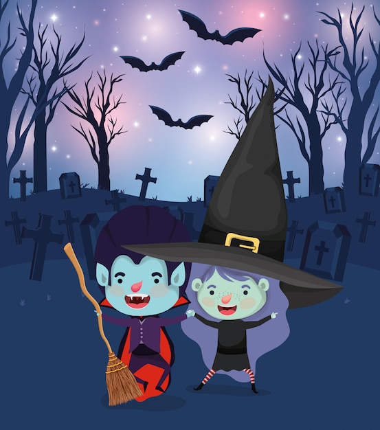 Scène d'Halloween avec des enfants costumés au cimetière