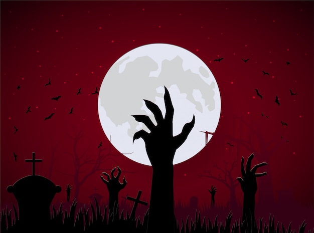 Scène Halloween Main Zombie Du Sol Avec Grande Lune Et Chauve-souris