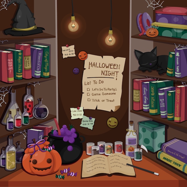 Scène d'Halloween salle de sorcière. Décorations pour la fête d'Halloween. Modèle d'Halloween.
