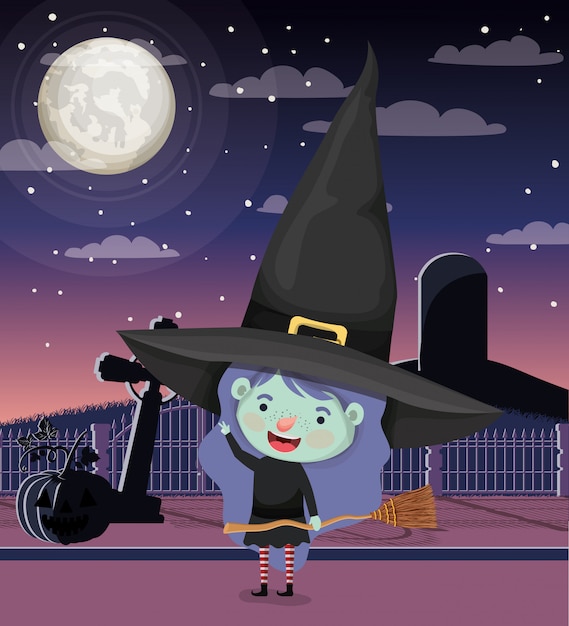 Vecteur scène d'halloween avec une sorcière en costume fille