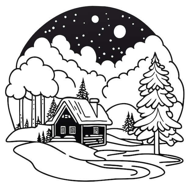 Une scène d'hiver de livre à colorier avec un paysage enneigé et une forêt avec une montagne en arrière-plan