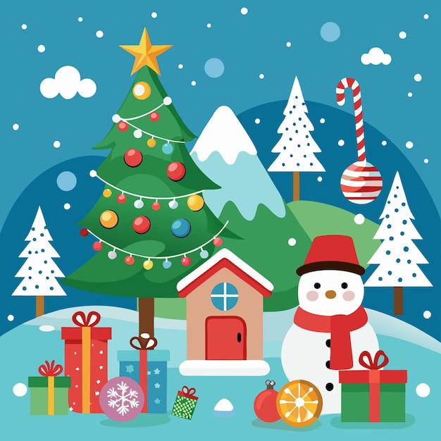 Une scène hivernale festive avec un bonhomme de neige un arbre de Noël décoré une petite maison présente et une montagne enneigée
