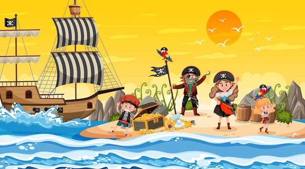 Vecteur scène de l'île au trésor au coucher du soleil avec des enfants pirates