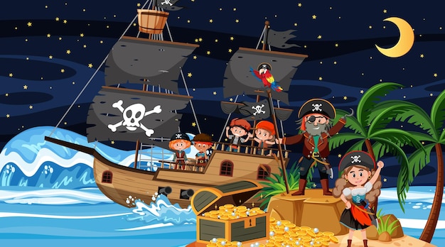 Scène De L'île Au Trésor La Nuit Avec Des Enfants Pirates Sur Le Bateau