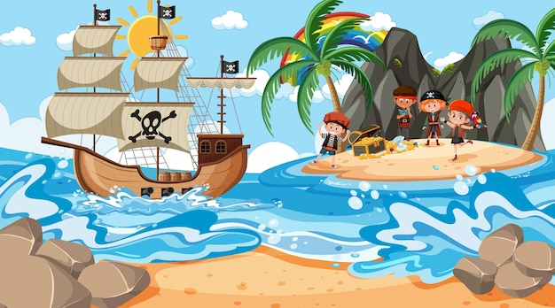 Scène de l'île au trésor pendant la journée avec des enfants pirates