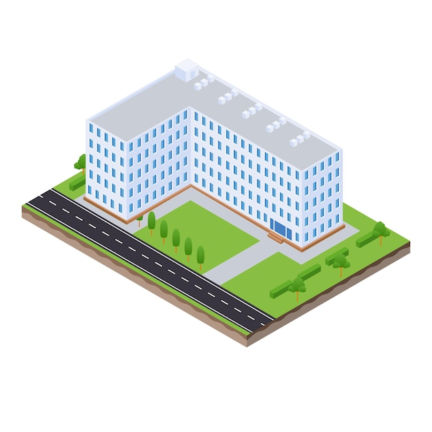 Scène isométrique de l'immeuble de bureaux et de la route