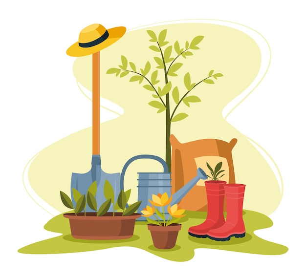 Scène de jardinage avec des outils, des plantes, des bottes en caoutchouc.