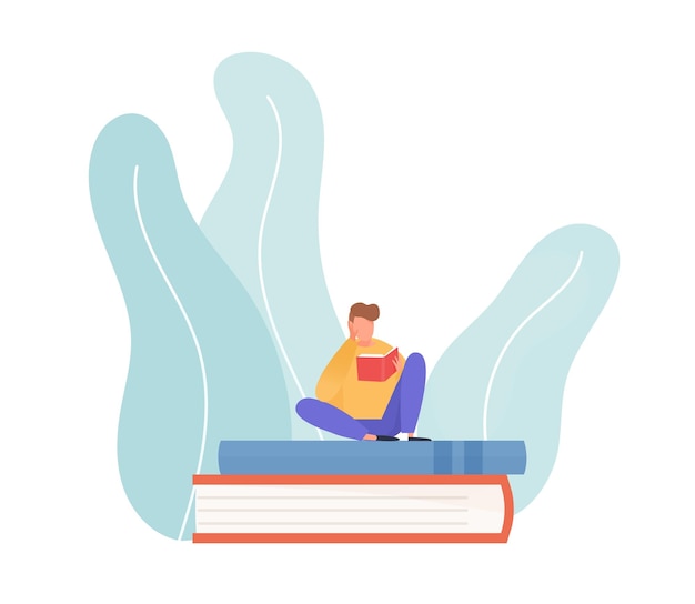 Scène De Jeune Homme De Lecture Assis Sur Une Pile De Livres. Concept De Processus D'éducation, D'étude Et De Préparation Aux Examens. étudiant Avec Manuel. Illustration Vectorielle Plane Isolée Sur Fond Blanc.