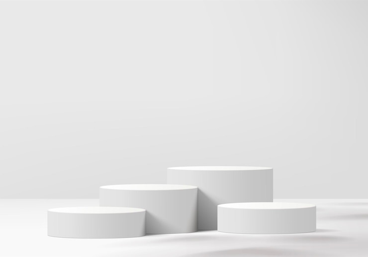 Scène minimale abstraite de cylindre avec plate-forme géométrique. Rendu de fond d'été avec podium. stand pour montrer des produits cosmétiques. Vitrine de scène sur piédestal studio blanc moderne