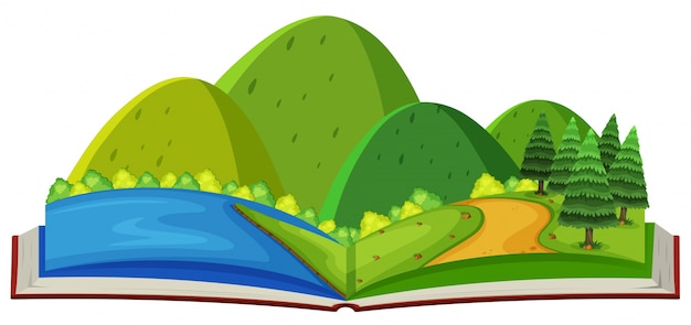 Vecteur scène de montagne et rivière dans le livre