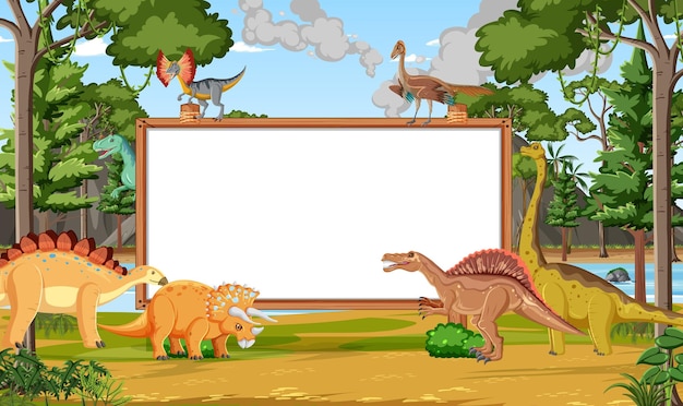 Scène de la nature avec des arbres sur les montagnes avec panneau et dinosaure