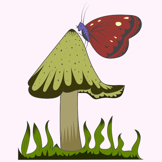 Vecteur scène nature champignons avec papillon.