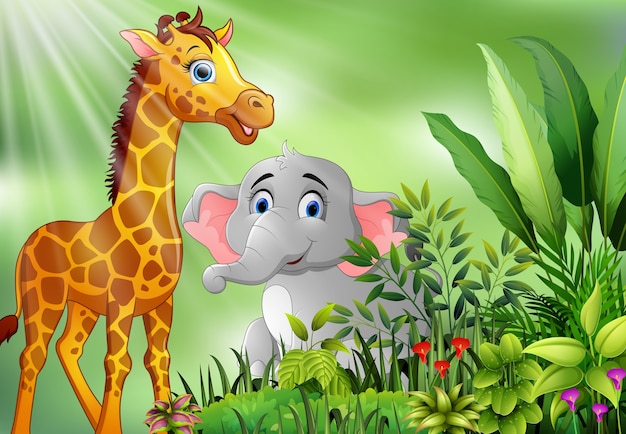 Scène De La Nature Avec Dessin Animé éléphant Et Girafe