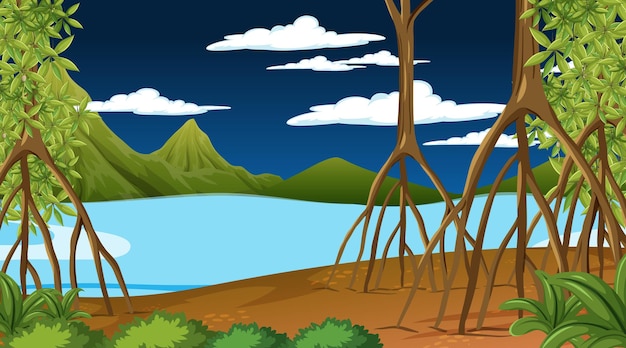 Scène De La Nature Avec La Forêt De Mangrove La Nuit En Style Cartoon