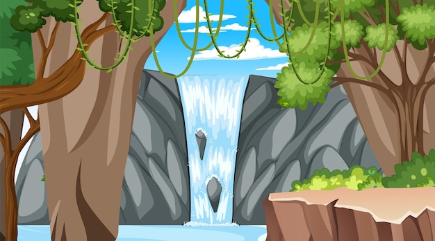 Scène nature avec de nombreux arbres et cascade