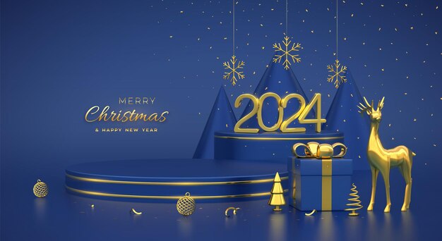 Vecteur scène de noël piédestal vide numéros dorés 2024 boîtes cadeaux de cerfs flocons de neige boule épicéa