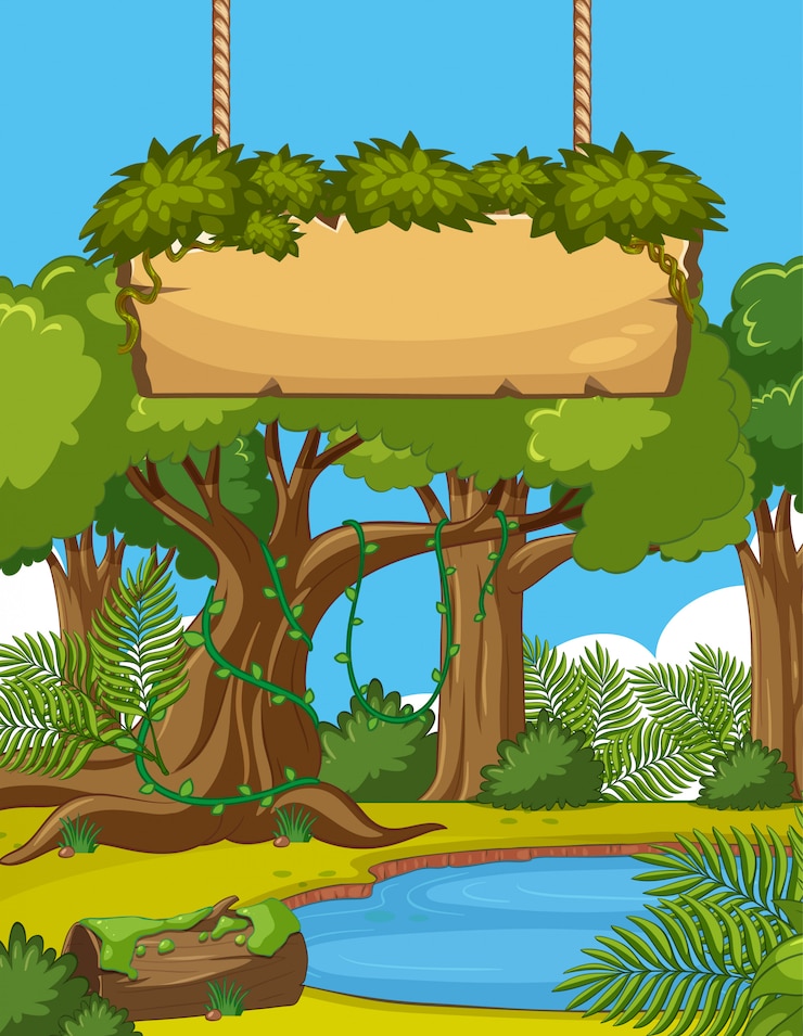 Vecteur scène avec de nombreux arbres et panneau en bois dans la forêt