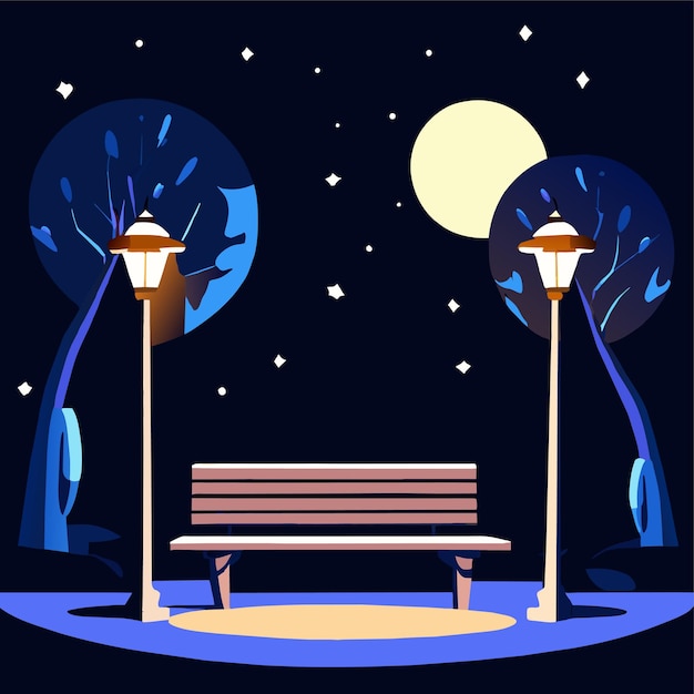 Vecteur scène de nuit avec un banc en bois et une grande lampe avec éclairage dans le paysage urbain de dessins animés du parc