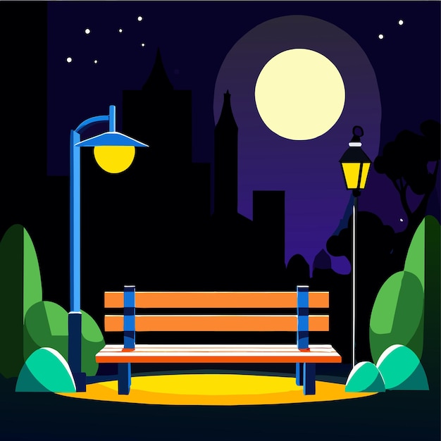 Vecteur scène de nuit avec un banc en bois et une grande lampe avec éclairage dans le paysage urbain de dessins animés du parc