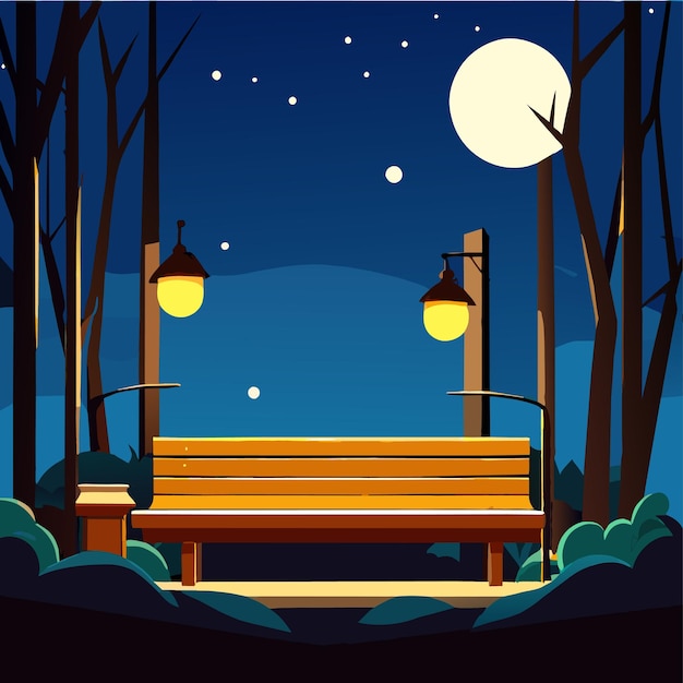 Vecteur scène de nuit avec un banc en bois et une grande lampe avec éclairage dans le paysage urbain de dessins animés du parc