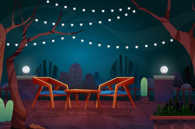 Scène de nuit avec chaise en bois avec table basse et lampe avec éclairage dans le paysage urbain de dessin animé de parc