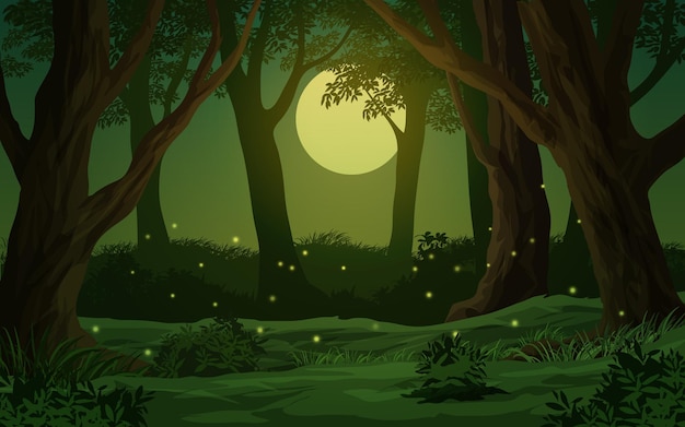 Scène De Nuit De Forêt De Dessin Animé Avec Pleine Lune Et Luciole