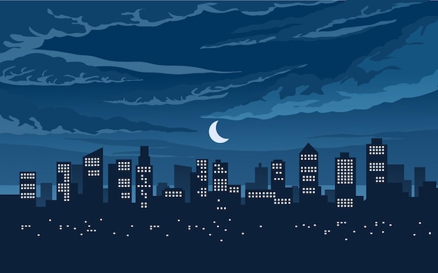 Vecteur scène de nuit nuageuse dans la ville avec des bâtiments et la lune