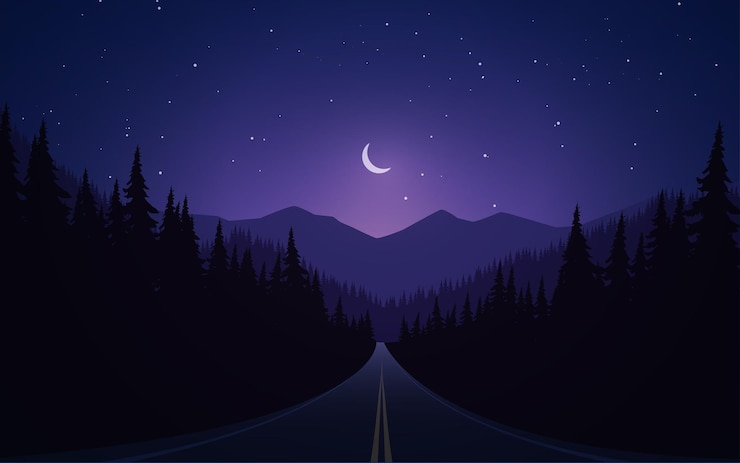 Vecteur scène de nuit sur une route vide avec forêt et montagne