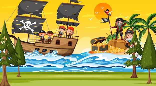Scène De L'océan Au Coucher Du Soleil Avec Des Enfants Pirates Sur Le Navire