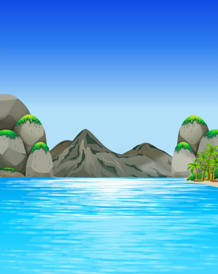 Vecteur scène d'océan avec des montagnes et des arbres