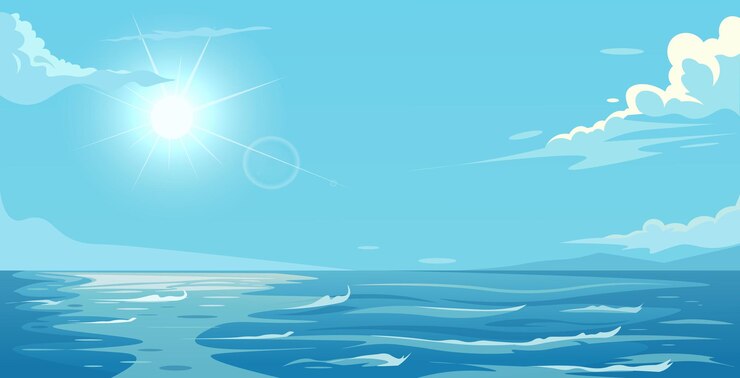 Vecteur scène océanique ensoleillée avec un ciel bleu et des nuages illustration sur un fond bleu clair concept d'un
