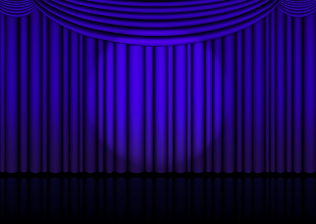 Scène d'opéra réaliste à l'intérieur avec un rideau bleu et un projecteur.