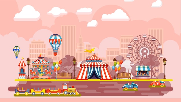 Scène panoramique du cirque en plein air de la ville. Événement festival pour les loisirs des enfants
