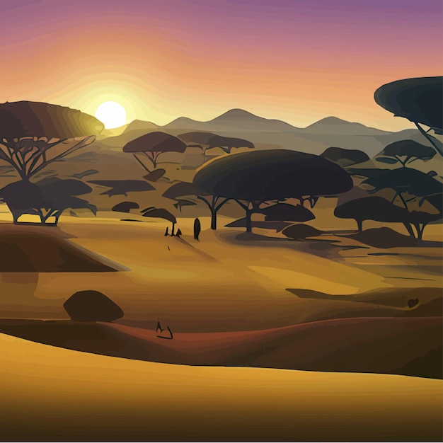 Vecteur scène de paysage d'horizon lointain d'afrique sauvage avec du sable et des plantes savane dans le désert d'acacia africain