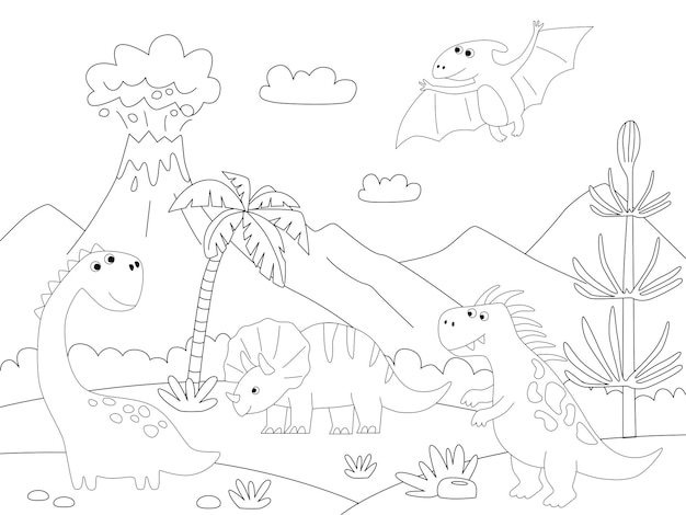 Une Scène De Paysage Préhistorique De Dinosaure Page De Coloriage Imprimable De Vecteur Pour Les Enfants En Style Cartoon