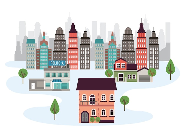 Scène de paysage urbain mégalopole de la vie de la ville avec illustration de bâtiments de gratte-ciel