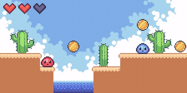 Scène avec des pièces de monnaie, des monstres visqueux sur une plate-forme de pixels. Interface rétro et paysage. lutin 8 bits.