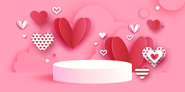 Scène ou piédestal de podium 3D de la Saint-Valentin sur fond rose avec des formes artisanales découpées en papier de coeur. Studio pour la conception de maquettes de produits d'affichage. Cercles. Vecteur