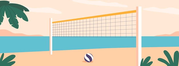 Scène de plage animée avec un filet de volley-ball sur une plage de sable avec des palmiers invitant les joueurs à participer à des matchs amicaux au milieu du soleil, du sable et des eaux scintillantes de l'océan Illustration vectorielle de dessin animé