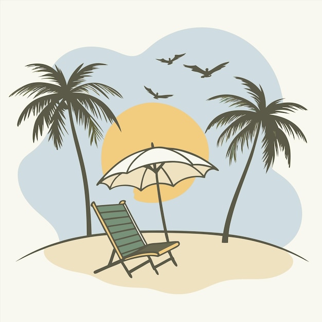 une scène de plage avec une chaise et des palmiers et un parapluie de plage