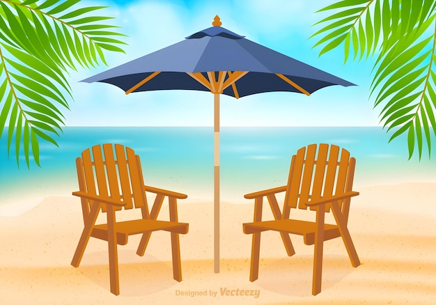 Scène de plage avec des chaises en bois, un parapluie et des palmiers